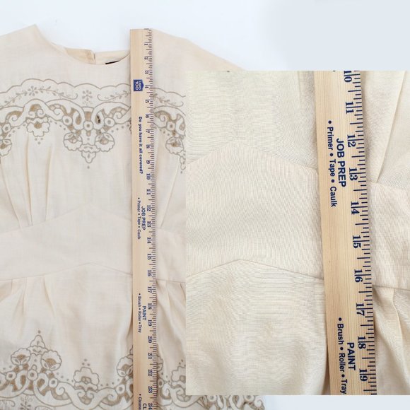 Vintage 80s Dress Ramie Cotton Lace Cutwork Embroidery Peplum Beige Midi 8 - Picture 13 of 15